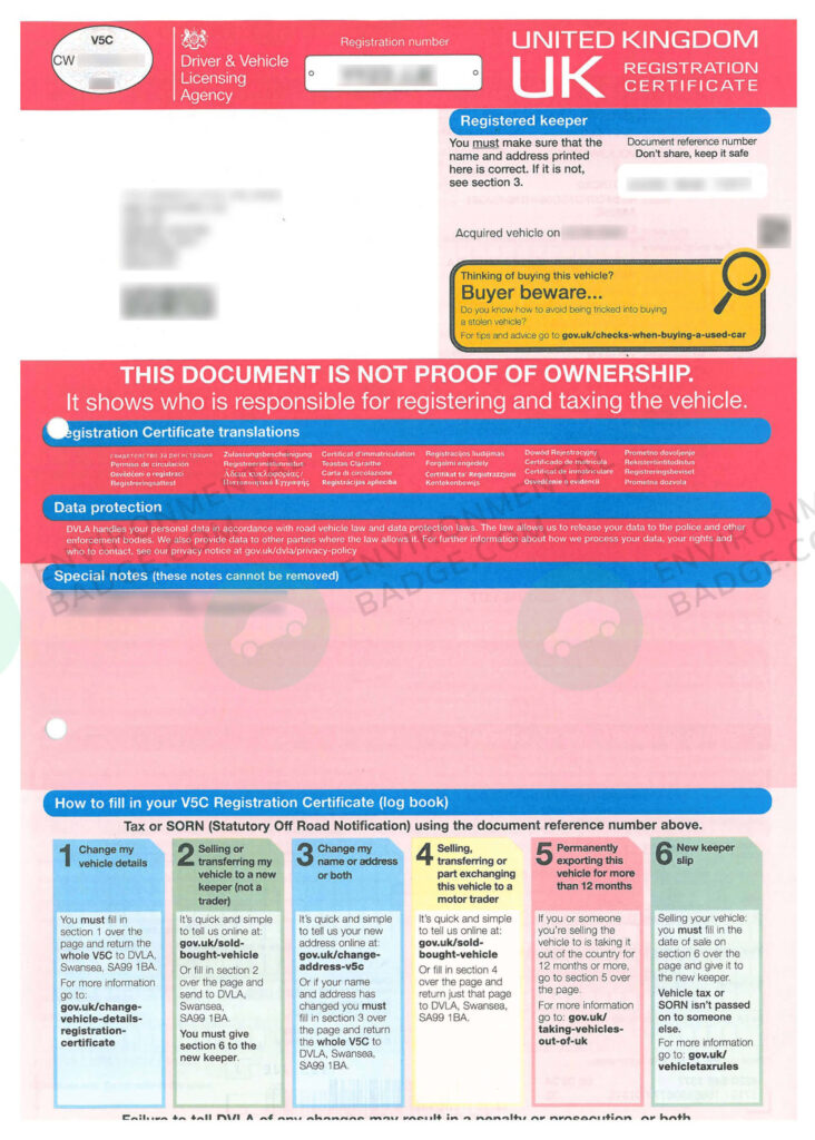 Registration certificate vehicle